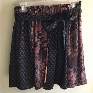 Blue rain black, brown + pink tie front skirt